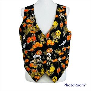 Vtg Basic Editions Halloween Novelty Vest Pumpkins Ghosts Witches Womens Size M